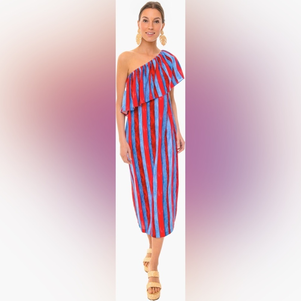 Pomander Place Painterly Stripe Florencia Midi Dress Size Small One Shoulder